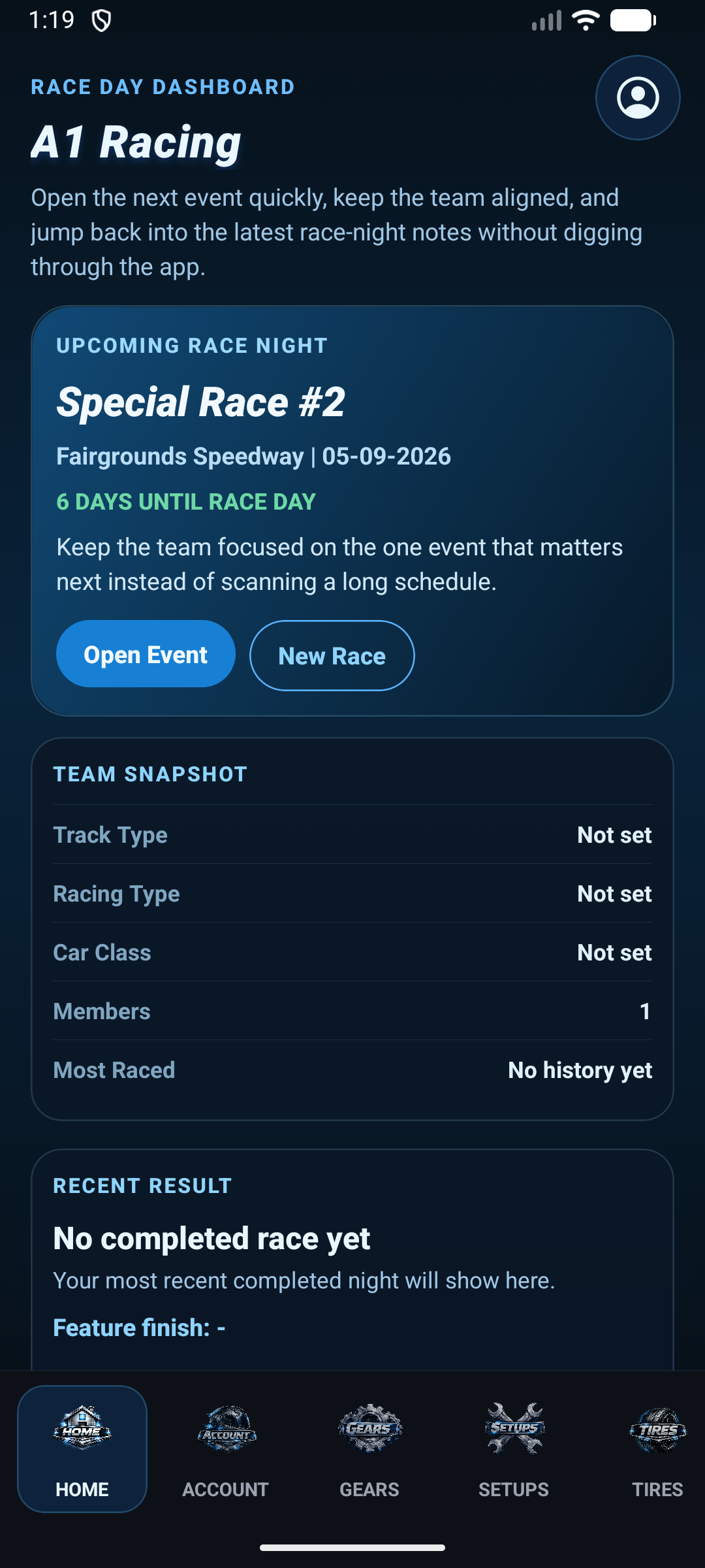 Precision Pit home dashboard screenshot